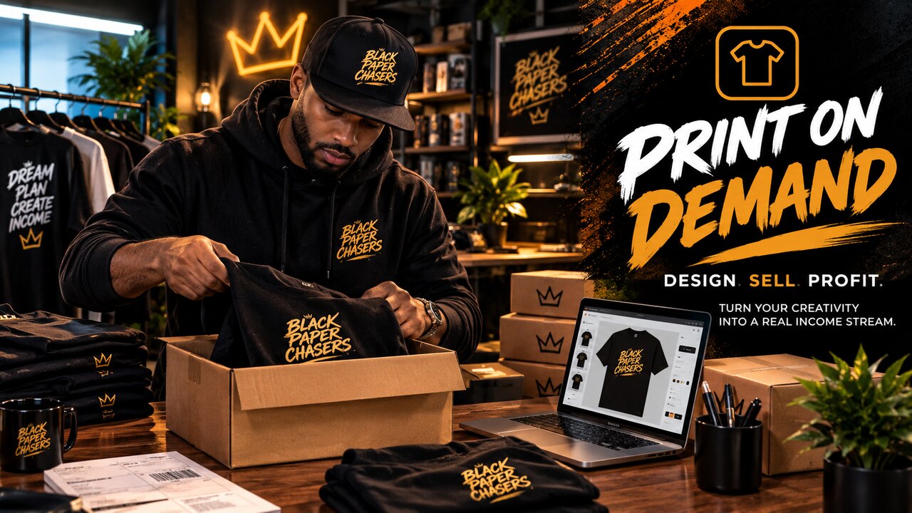 Print on Demand — a creator packs Black Paper Chasers merch next to the words Print on Demand.