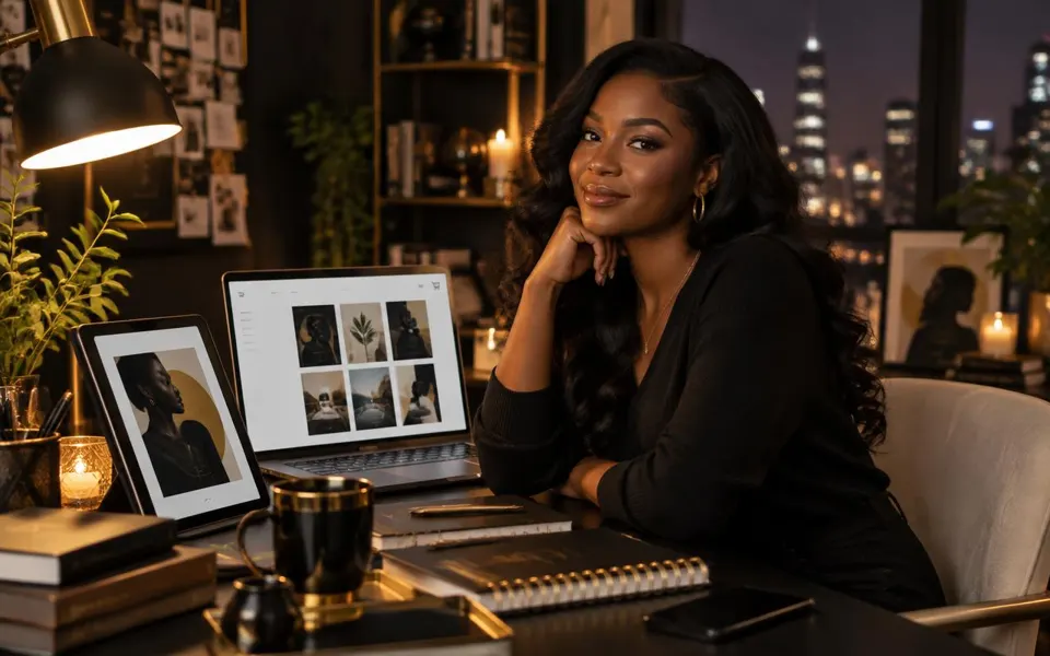 A Black woman creator works at night with an ebook on her tablet and a digital product storefront on her laptop.