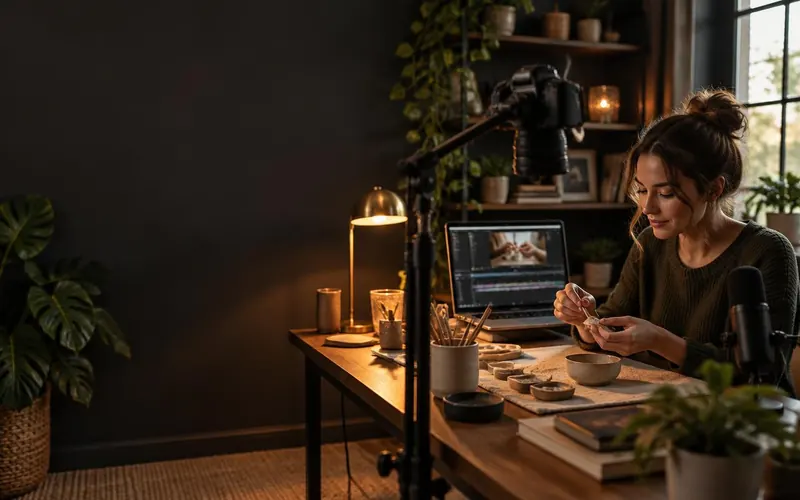 An independent creator records a tabletop tutorial at a warm lamp-lit studio desk.