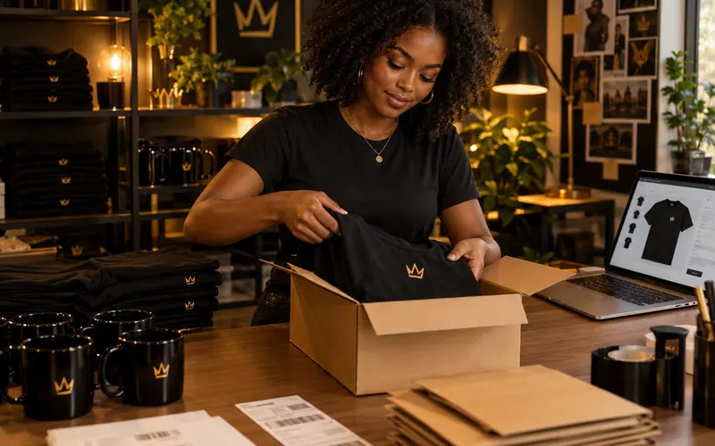 A Black woman packs crown-print T-shirts and mugs for print-on-demand orders.