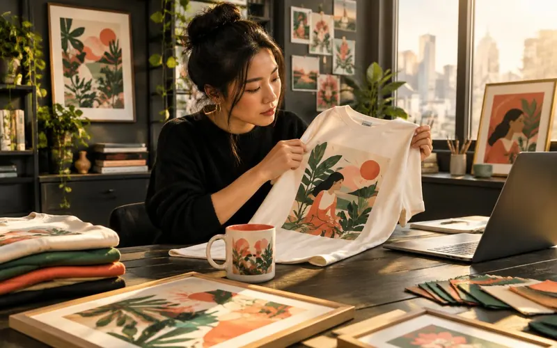A designer inspects a printed T-shirt beside matching mugs and art prints in a sunlit studio.
