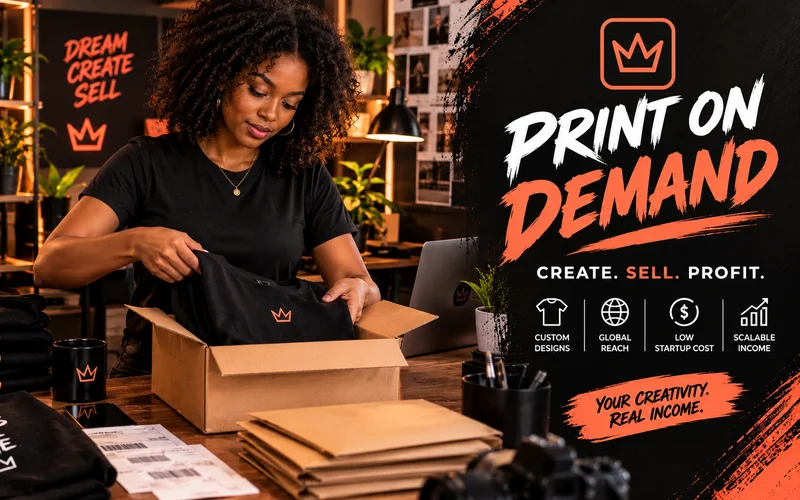 A Black woman packs crown-print T-shirts and mugs for print-on-demand orders.