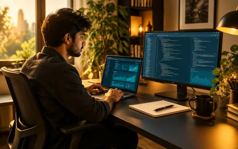 A solo software founder works on a focused application in a warm sunlit home office.