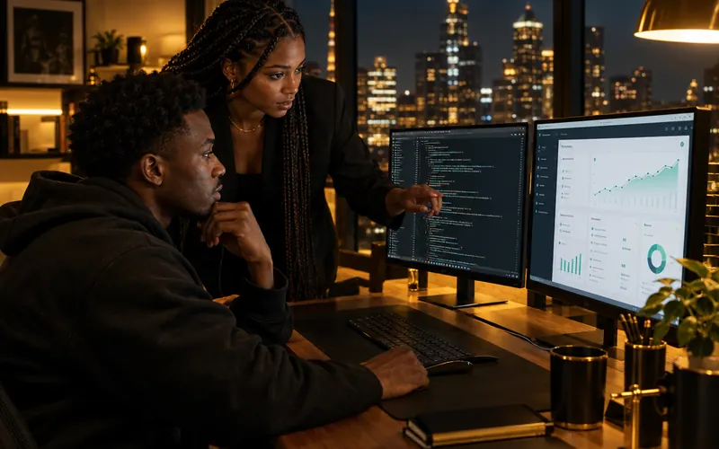 A Black man and woman build a software tool together at night.