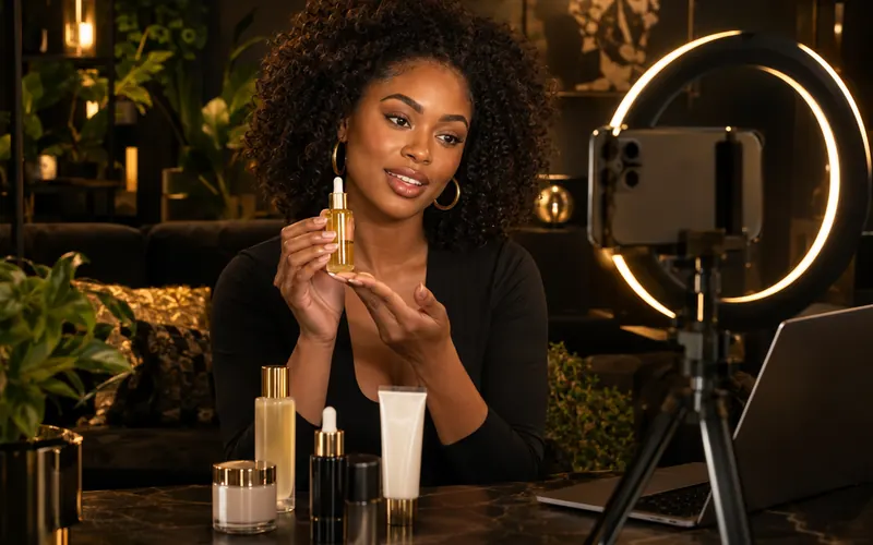 A Black woman films a skincare demonstration on her phone with a ring light.