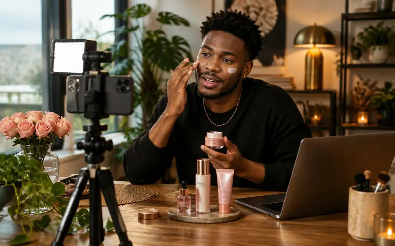 A creator films a skincare demonstration with a smartphone, studio light and neatly arranged products.