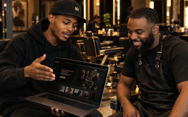 A Black web designer shows a website redesign to a Black barbershop owner.