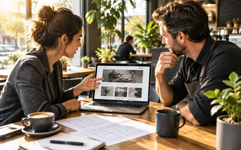 A web designer and café owner review a website mockup together at a sunny café table.