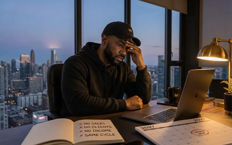 The same man holds his forehead at a desk overlooking the city at dusk, beside a no-sales notebook and a 2027 launch calendar.