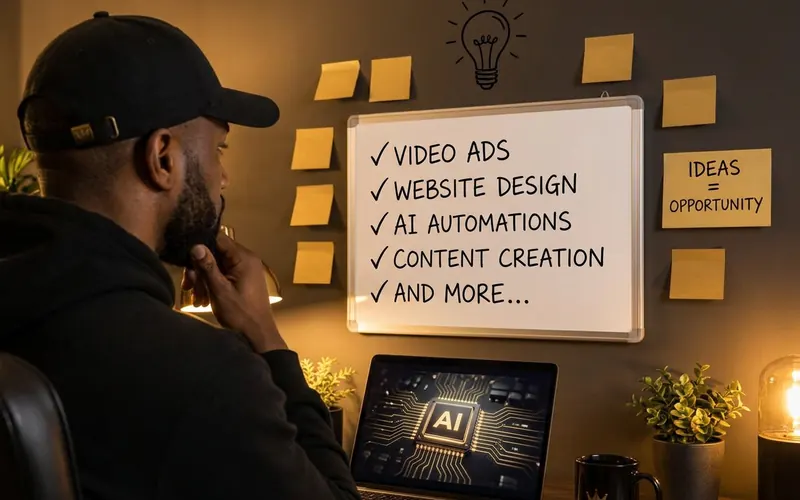The same man faces a sticky-note wall and a checklist of AI service ideas, with an AI graphic on his laptop.
